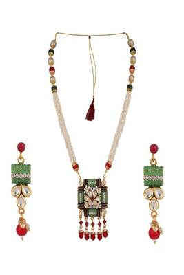 Traditional Square shaped Enameled Kundan and Pearl studded Pearl Drop Peandant and Earring Set 3