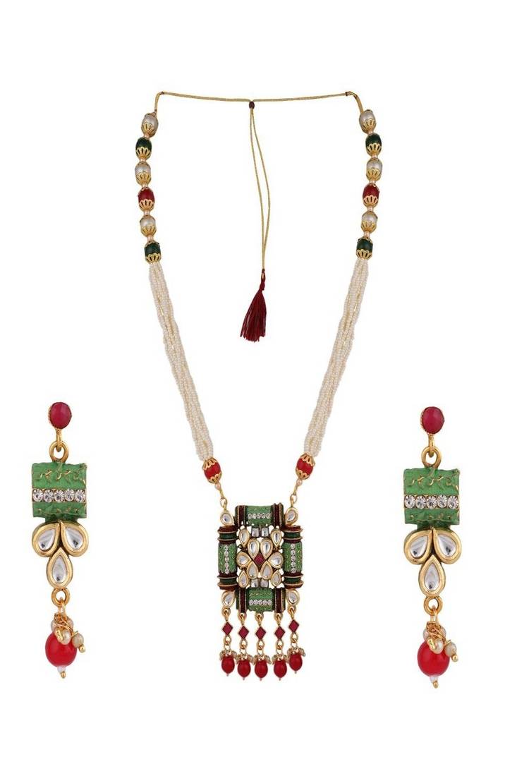 Traditional Square shaped Enameled Kundan and Pearl studded Pearl Drop Peandant and Earring Set