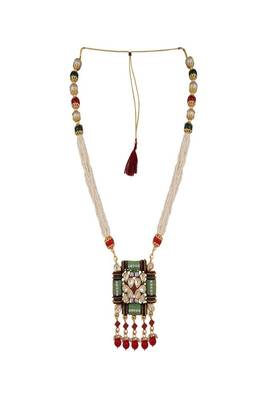 Traditional Square shaped Enameled Kundan and Pearl studded Pearl Drop Peandant and Earring Set 4
