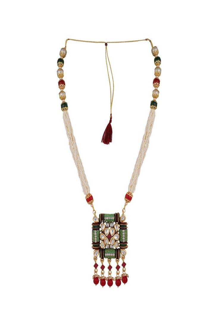 Traditional Square shaped Enameled Kundan and Pearl studded Pearl Drop Peandant and Earring Set