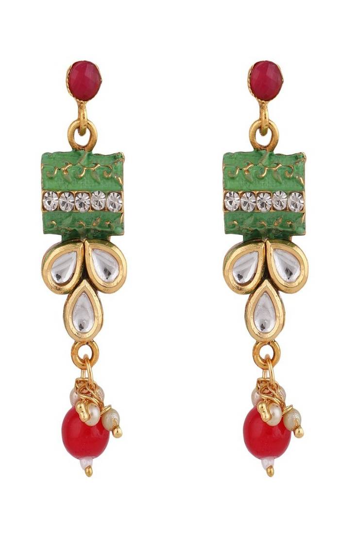 Traditional Square shaped Enameled Kundan and Pearl studded Pearl Drop Peandant and Earring Set
