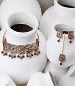 Traditional Gold Plated Kundan and Stone studded Statement Choker with Earrings and Maangtikka