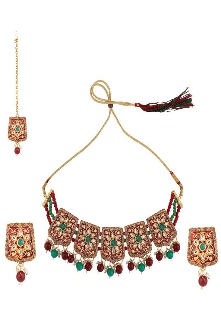 Traditional Gold Plated Kundan and Stone studded Statement Choker with Earrings and Maangtikka