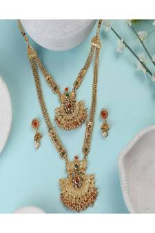 Traditional Two Layered Gold Plated Heavy Ornamental Stone and Pearl Studded Necklace with Earring set