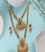 Traditional Two Layered Gold Plated Heavy Ornamental Stone and Pearl Studded Necklace with Earring set