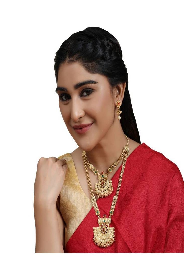 Traditional Two Layered Gold Plated Heavy Ornamental Stone and Pearl Studded Necklace with Earring set