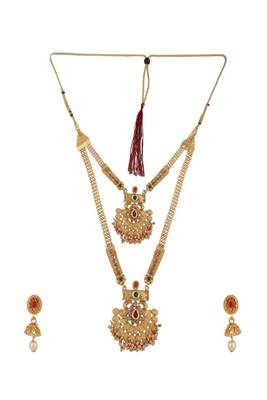 Traditional Two Layered Gold Plated Heavy Ornamental Stone and Pearl Studded Necklace with Earring set 3