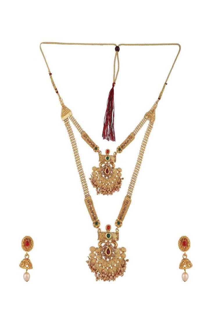 Traditional Two Layered Gold Plated Heavy Ornamental Stone and Pearl Studded Necklace with Earring set
