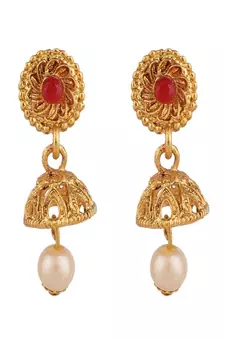 Traditional Two Layered Gold Plated Heavy Ornamental Stone and Pearl Studded Necklace with Earring set