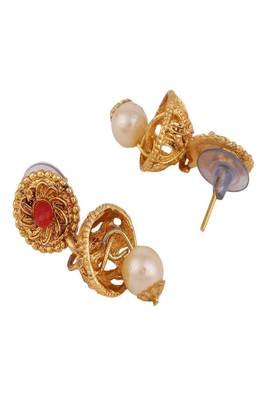 Traditional Two Layered Gold Plated Heavy Ornamental Stone and Pearl Studded Necklace with Earring set 5