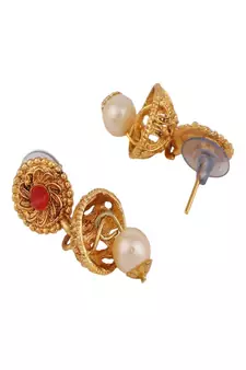 Traditional Two Layered Gold Plated Heavy Ornamental Stone and Pearl Studded Necklace with Earring set