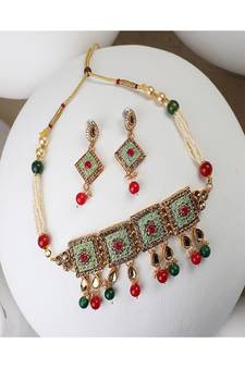 Traditional Gold Plated Enameled Square Shaped Stone and Pearl Studded Choker and Earring Set