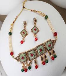 Traditional Gold Plated Enameled Square Shaped Stone and Pearl Studded Choker and Earring Set