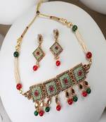 Traditional Gold Plated Enameled Square Shaped Stone and Pearl Studded Choker and Earring Set