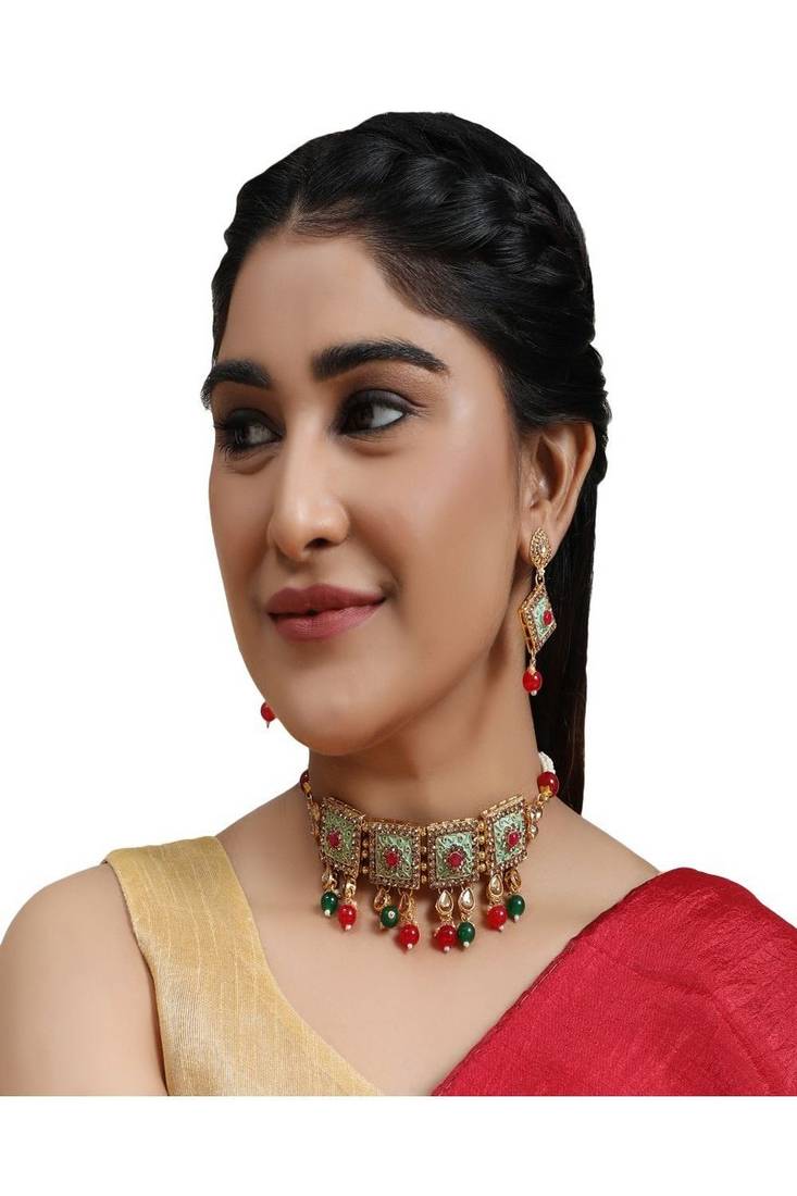 Traditional Gold Plated Enameled Square Shaped Stone and Pearl Studded Choker and Earring Set