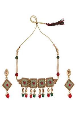 Traditional Gold Plated Enameled Square Shaped Stone and Pearl Studded Choker and Earring Set 3
