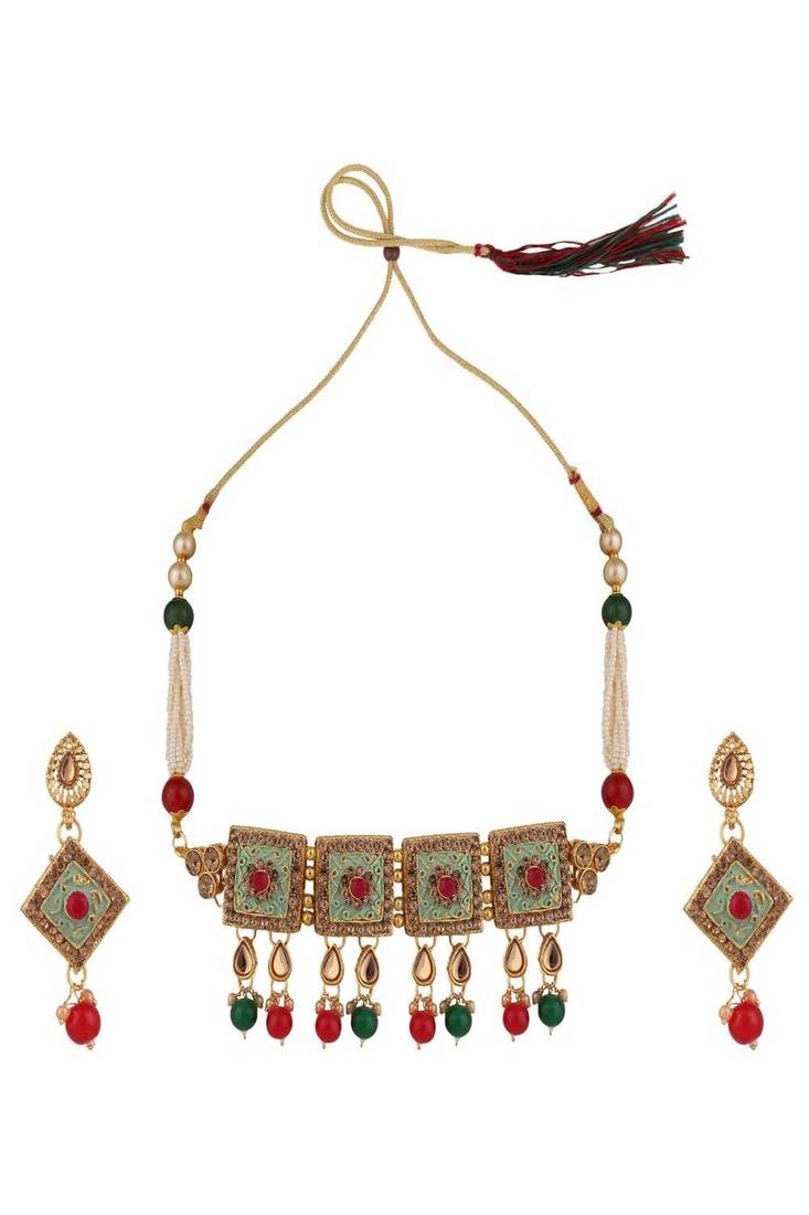 Traditional Gold Plated Enameled Square Shaped Stone and Pearl Studded Choker and Earring Set