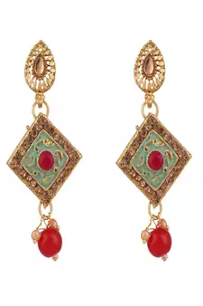 Traditional Gold Plated Enameled Square Shaped Stone and Pearl Studded Choker and Earring Set