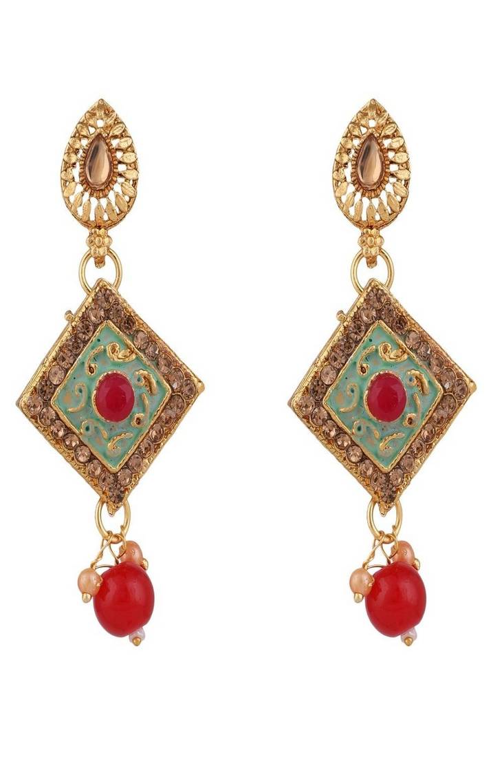 Traditional Gold Plated Enameled Square Shaped Stone and Pearl Studded Choker and Earring Set