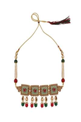 Traditional Gold Plated Enameled Square Shaped Stone and Pearl Studded Choker and Earring Set 5