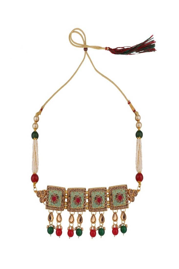 Traditional Gold Plated Enameled Square Shaped Stone and Pearl Studded Choker and Earring Set