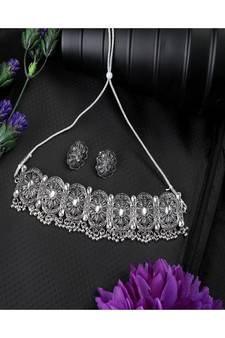 Oxidised Geometric Shaped Stone Studded ghungroo drop Choker with Stud Earring Set
