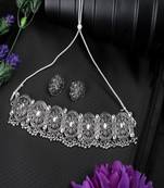 Oxidised Geometric Shaped Stone Studded ghungroo drop Choker with Stud Earring Set