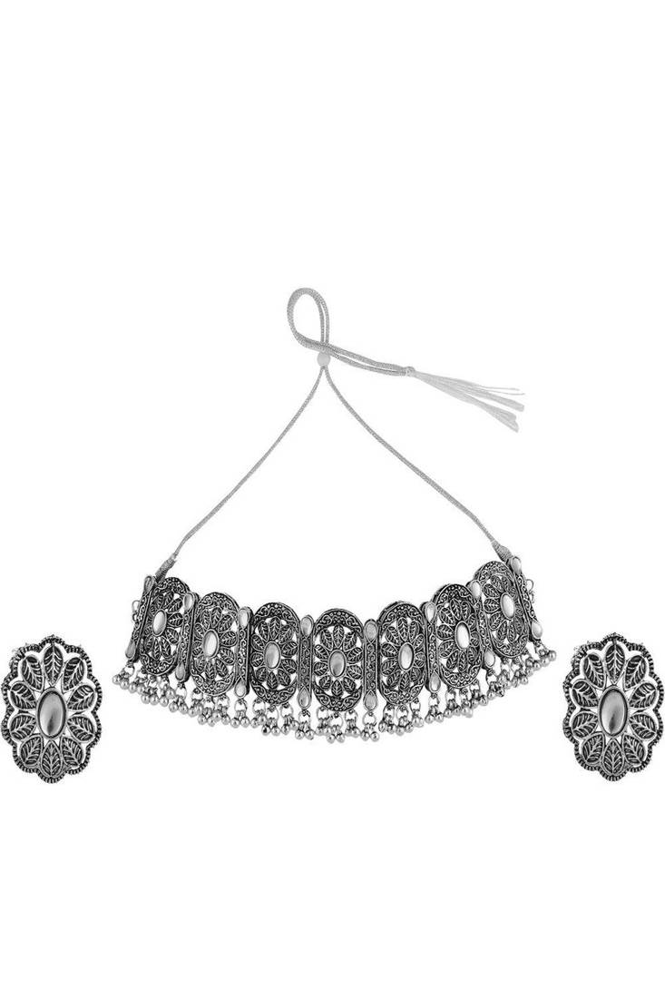 Oxidised Geometric Shaped Stone Studded ghungroo drop Choker with Stud Earring Set
