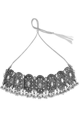 Oxidised Geometric Shaped Stone Studded ghungroo drop Choker with Stud Earring Set 4