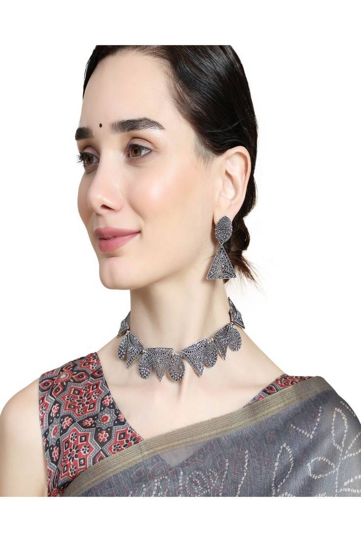 Classic Oxidised Triangle shaped Neck Choker with Earring Set for Girls and Women