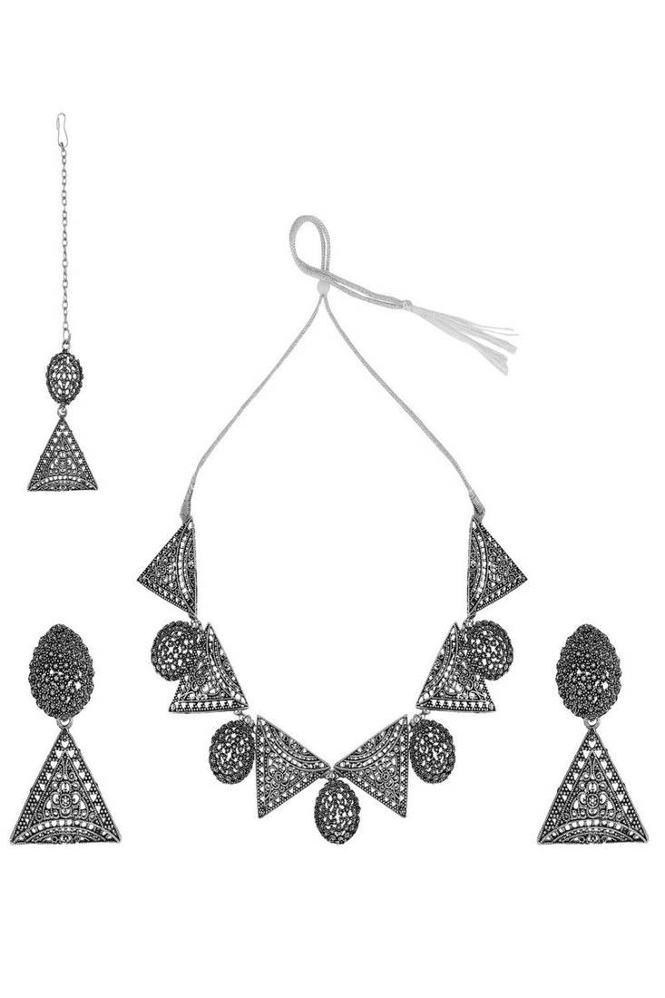 Classic Oxidised Triangle shaped Neck Choker with Earring Set for Girls and Women