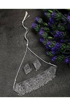 Statement Oxidised Square shaped Choker Neckpiece with Stud Earring Set