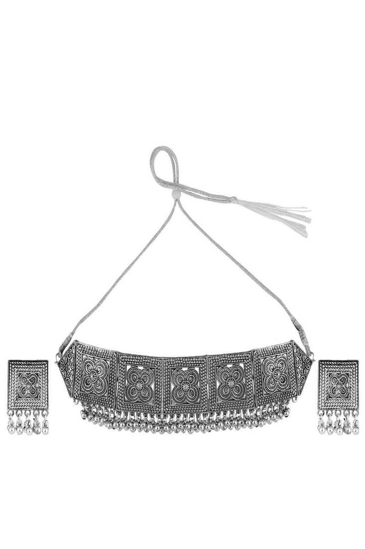 Statement Oxidised Square shaped Choker Neckpiece with Stud Earring Set