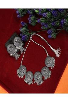 Classic Oxidised Round shaped Choker Neck piece with Jhumka Earring Set and Maang-tikka Set