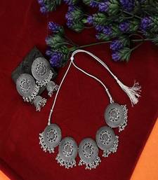 Classic Oxidised Round shaped Choker Neck piece with Jhumka Earring Set and Maang-tikka Set