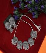 Classic Oxidised Round shaped Choker Neck piece with Jhumka Earring Set and Maang-tikka Set
