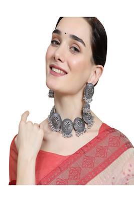 Classic Oxidised Round shaped Choker Neck piece with Jhumka Earring Set and Maang-tikka Set 2