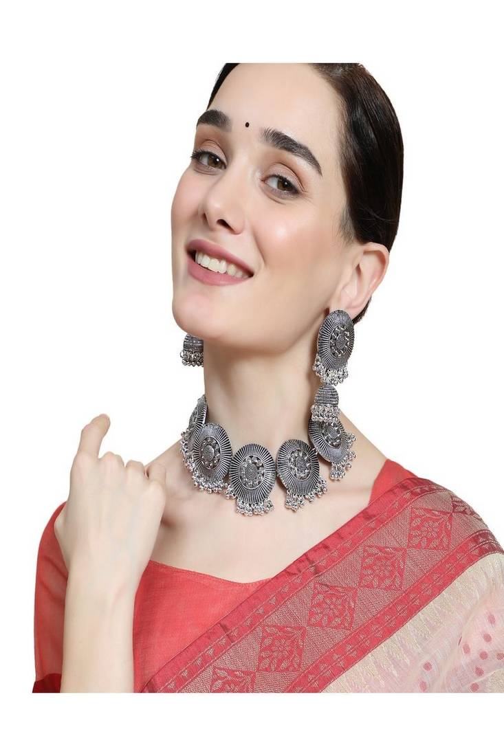 Classic Oxidised Round shaped Choker Neck piece with Jhumka Earring Set and Maang-tikka Set
