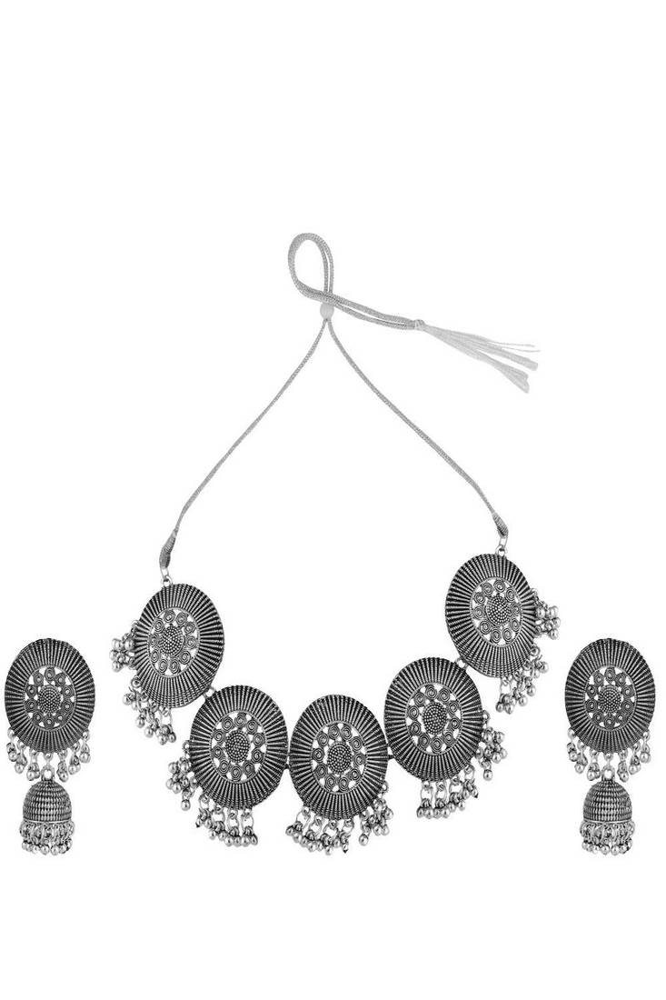Classic Oxidised Round shaped Choker Neck piece with Jhumka Earring Set and Maang-tikka Set