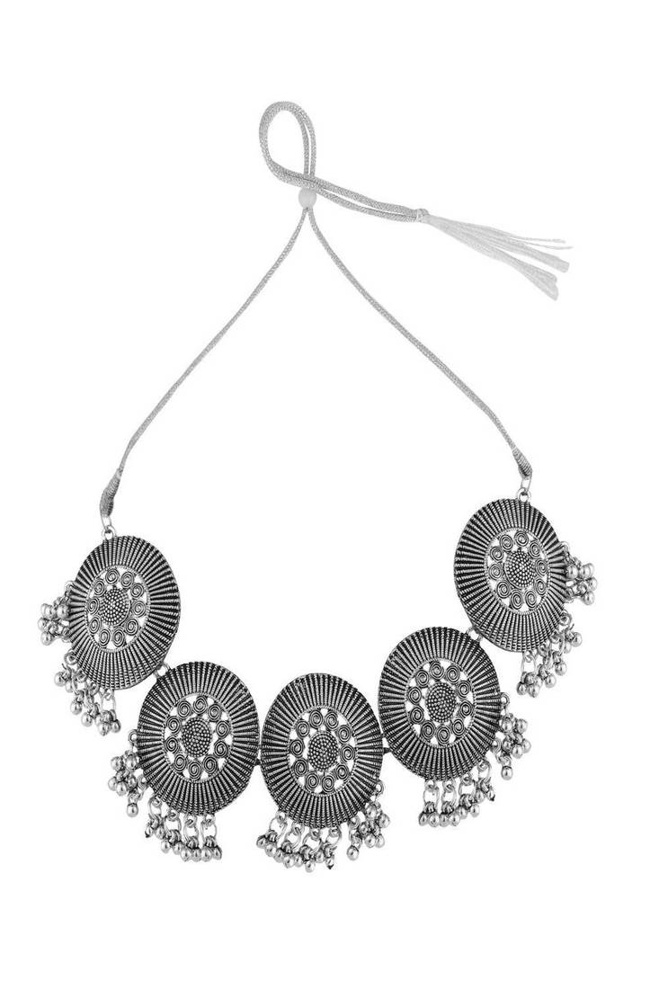 Classic Oxidised Round shaped Choker Neck piece with Jhumka Earring Set and Maang-tikka Set