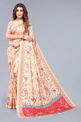 Beige printed art silk saree with blouse 1