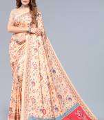 Beige printed art silk saree with blouse