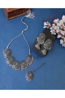 Statement Oxidised Round shaped Choker Neck piece with Jhumka Earring Set