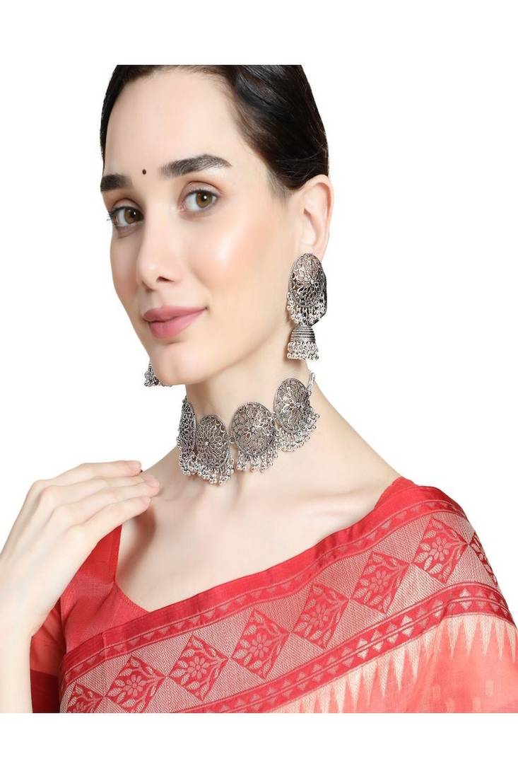 Statement Oxidised Round shaped Choker Neck piece with Jhumka Earring Set