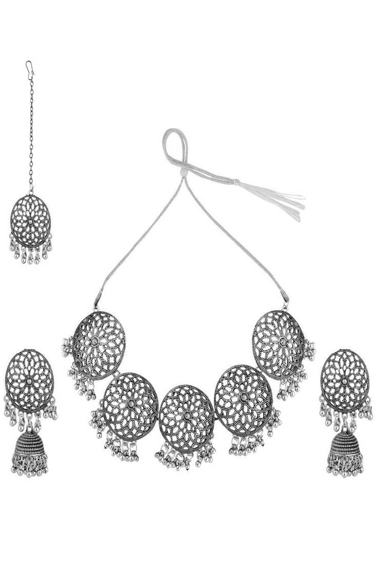 Statement Oxidised Round shaped Choker Neck piece with Jhumka Earring Set