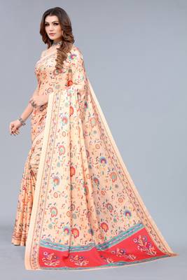 Beige printed art silk saree with blouse 2