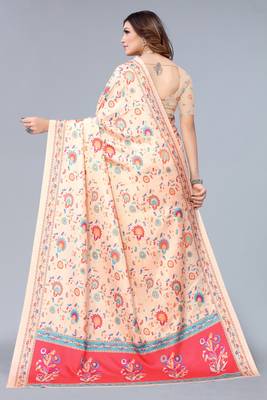 Beige printed art silk saree with blouse 3