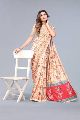 Beige printed art silk saree with blouse 4
