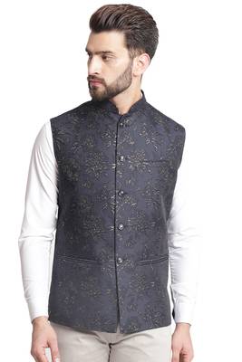 Blue Jacquard Floral Embroidered Nehru Jacket 1