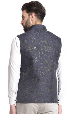 Blue Jacquard Floral Embroidered Nehru Jacket 2